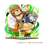 anthro black_body black_fur black_nose blue_body blue_fur brown_body brown_fur clothed clothing cute_fangs duo fangs fur kemono male overweight overweight_male teeth text kinoshita-jiroh sengoku_puzzle saigou_shirou tomita_tsunejirou bear felid feline mammal 1:1 2021 japanese_text