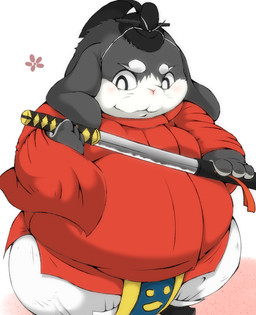 4_fingers anthro asian_clothing belly biped clothed clothed_anthro clothed_male clothing east_asian_clothing fingers floppy_ears headgear headwear holding_katana holding_melee_weapon holding_object holding_sword holding_weapon japanese_clothing kanmuri_(headwear) katana long_ears lop_ears male male_anthro melee_weapon moobs obese obese_anthro obese_male overweight overweight_anthro overweight_male pelvic_curtain red_clothing scabbard simple_background solo standing sword weapon whiskers reki_(artist) gingitsune hama_(gingitsune) lagomorph leporid mammal rabbit 2018 digital_media_(artwork)