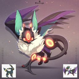 ambiguous_gender black_body black_fur feral fluffy fur glowing glowing_markings inner_ear_fluff looking_at_viewer markings membrane_(anatomy) membranous_wings red_eyes ring_(marking) simple_background solo tail tuft white_body white_fur wings yellow_sclera leoiruga nintendo pokemon eeveelution generation_2_pokemon generation_6_pokemon hybrid noivern pokemon_(species) umbreon 1:1 2025 hi_res reference_image signature