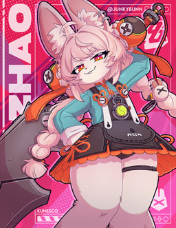 accessory anthro biped braided_hair buckteeth clothed clothing dress ear_piercing ear_ring female geometric_background hair hair_accessory inner_ear_fluff legband long_hair looking_at_viewer panties piercing pigtails pink_background pink_hair pose ring_piercing shirt simple_background smile solo standing suspenders teeth text thick_thighs thighband topwear tuft twin_braids underwear upskirt young young_anthro young_female kunesco mihoyo zenless_zone_zero zhao_(zenless_zone_zero) lagomorph mammal thiren 2025 artist_name character_name digital_media_(artwork) hi_res portrait three-quarter_portrait adult_(lore)