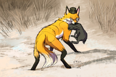 ambiguous_gender body_in_mouth bowler_hat clothing duo eyewear feral fur glasses hat headgear headwear hunting looking_at_viewer orange_body outside predator/prey simple_background rentaerror dis_the_fox canid canine fox lagomorph leporid mammal rabbit 2020 3:2 digital_media_(artwork) hi_res source_request