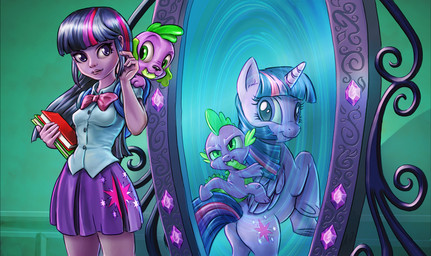 backpack bag book bottomwear clothed clothing cutie_mark dual_persona duality duo fangs feathered_wings feathers female feral fur gem green_eyes hair horn male mirror multicolored_hair pink_hair pupils purple_body purple_eyes purple_feathers purple_fur purple_hair purple_skin ribbons royalty shirt skirt slit_pupils smile square_crossover tail teeth topwear two_tone_hair wings harwick equestria_girls friendship_is_magic hasbro my_little_pony mythology spike_(eg) spike_(mlp) twilight_sparkle_(eg) twilight_sparkle_(mlp) canid canine canis domestic_dog dragon equid equine humanoid mammal mythological_creature mythological_equine mythological_scalie reptile scalie winged_unicorn 2013 hi_res