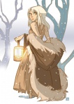 cloak clothing detailed_background female forest fur lamp lantern outside plant snow solo tree turning wood hodori mythology canid canine canis human mammal mythological_canine mythological_creature werecanid werecanine werecreature werewolf wolf 2011