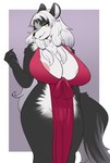 anthro areola big_breasts black_body black_fur breasts canid canine clothed clothing dress female fur hair hi_res huge_breasts kemono looking_at_viewer mammal pink_areola red_clothing red_dress sindoll solo white_body white_fur white_hair