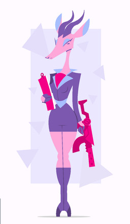 abstract_background anthro biped blue_clothing breasts clipboard clothed clothing dress dual_holding eyelashes female fingers footwear front_view frown fur gun holding_clipboard holding_gun holding_object holding_ranged_weapon holding_weapon hooved_fingers hooves horn legs_together legwear long_ears long_neck looking_at_viewer makeup pink_body pink_clothing pink_fur pink_sclera purple_background purple_clothing purple_eyes purple_footwear purple_hooves purple_horn purple_legwear purple_socks ranged_weapon shadow shirt short_dress simple_background small_breasts socks solo standing straight_legs submachine_gun thigh_highs thigh_socks topwear undershirt unguligrade weapon white_background phlegraofmystery antelope bovid mammal 2017 aliasing digital_media_(artwork) full-length_portrait hi_res lineless portrait