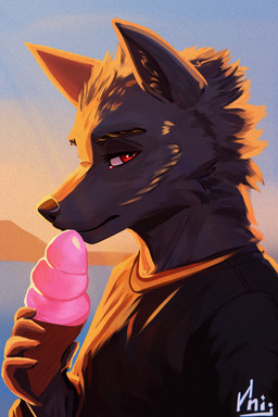 anthro black_body black_fur black_nose clothed clothed_anthro clothed_male clothing dessert detailed_background food fur ice_cream ice_cream_cone male outside red_eyes side_view solo inij i_think_i_like_you mythology leon_ostiarius canid canid_demon canine canis demon hellhound mammal mythological_canine mythological_creature wolf 2:3 absurd_res digital_media_(artwork) digital_painting_(artwork) hi_res painting_(artwork)