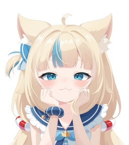 accessory ahoge animal_ears blonde_hair blue_eyes blush bracelet cat_smile clothing cute_fangs dress fangs female fluffy_ears glistening glistening_hair hair hair_accessory half-closed_eyes hands_on_own_face happy highlights_(coloring) jewelry long_hair narrowed_eyes pigtails simple_background teeth white_background white_clothing white_dress young young_female young_humanoid snmdx vtuber sameko_saba_(vtuber) animal_humanoid cat_humanoid felid felid_humanoid feline feline_humanoid humanoid mammal mammal_humanoid hi_res