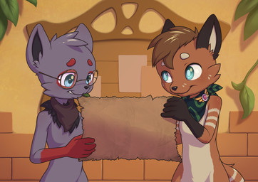 anthro arm_markings biped black_markings black_nose brown_hair cheek_tuft closed_smile countershade_torso countershading duo eyebrows eyewear facial_tuft front_view fur glasses gloves_(marking) grey_body grey_fur hair head_tuft holding_object inside kerchief kerchief_only looking_at_another looking_at_object male markings mostly_nude mouth_closed neck_tuft neckerchief neckerchief_only neckwear red_body red_fur red_markings round_glasses short_hair smile standing tail tail_markings tan_body tan_countershading tan_fur tuft wearing_glasses white_markings minum nintendo pokemon generation_5_pokemon generation_8_pokemon nickit pokemon_(species) zorua 2026 absurd_res hi_res