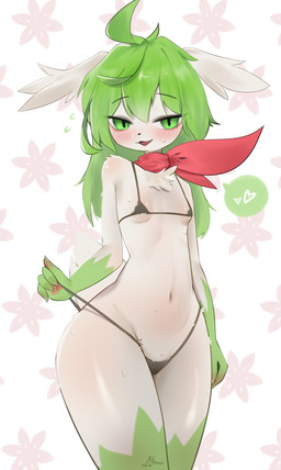 anthro belly bikini blush blush_lines bodily_fluids bottomwear breasts chest_tuft clothing crotch_tuft female female_anthro flat_chested fur green_hair hair heart_reaction heart_symbol looking_at_viewer micro_bikini navel scarf simple_background small_breasts solo sweat swimwear topwear tuft two-piece_swimsuit white_body white_fur moccimew nintendo pokemon generation_4_pokemon legendary_pokemon pokemon_(species) shaymin sky_forme_shaymin absurd_res colored detailed digital_drawing_(artwork) digital_media_(artwork) hi_res shaded