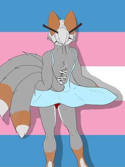 4_tails anthro black_stripes blue_background blue_clothing blue_dress bottomwear clothed clothing dipstick_tail dress female fur grey_body grey_fur grey_tail lgbt_pride markings multi_tail pattern_background pink_background pride_color_background pride_colors red_body red_ears red_fur simple_background skirt solo striped_background striped_body striped_fur stripes tail tail_markings transgender_pride_colors white_background white_body white_fur white_tail_tip jerimiahwolf lgbt_pride_month canid canine fox mammal 2023 3:4 digital_drawing_(artwork) digital_media_(artwork) hi_res