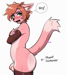 angry anthro armwear balls black_eyebrows black_nose black_text blush blush_lines bodily_fluids butt cheek_tuft claws clothing colored_nails cross-popping_vein crossed_arms dialogue dipstick_tail directional_arrow eyebrows eyelashes facial_tuft femboy finger_claws flaccid fur genitals hair humanoid_genitalia humanoid_penis inner_ear_fluff legwear logo male markings nails open_mouth penis pink_body pink_fur side_view simple_background solo speech_bubble sweat tail tail_markings text thigh_highs tuft white_background pomopuchi evil_container morgan_(pomopuchi) domestic_cat felid feline felis mammal 2025 artist_logo artist_name english_text hi_res meme