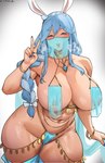 areola big_breasts biped blue_hair bodily_fluids bracelet breast_curtains breasts clothed clothing female gesture hair hand_gesture jewelry legwear navel open_mouth open_smile smile solo sweat sweaty_breasts thick_thighs thigh_highs translucent translucent_clothing v_sign wide_hips cromwellb hololive vtuber pekomama animal_humanoid humanoid lagomorph lagomorph_humanoid leporid_humanoid mammal mammal_humanoid rabbit_humanoid absurd_res hi_res