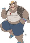 anthro belly beverage blonde_hair bottomwear brown_body brown_fur bubble_tea clothed clothing footwear fur hair male musclegut muscular navel pecs sandals shoes shorts solo jmeo1230 lifewonders tokyo_afterschool_summoners ashigara_(tas) bear mammal hi_res