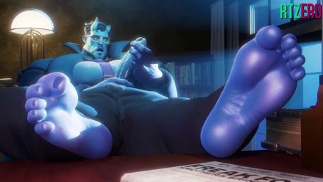 accessory big_muscles big_pecs big_penis blue_body bottomwear clothing eyewear feet foot_fetish foot_focus genitals glasses horn jacket male masturbation muscular necktie office pants pecs penis sitting solo topwear baraking rtzero deadlock_(game) valve abrams_(deadlock) demon humanoid animated hi_res short_playtime video