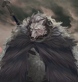 anthro armor blue_eyes breastplate clothed clothing front_view fur grey_body grey_ears grey_fur hair male open_mouth scar sky solo teeth lljh elden_ring fromsoftware blaidd_(elden_ring) canid canine canis mammal wolf 2022 digital_media_(artwork) digital_painting_(artwork) half-length_portrait hi_res painting_(artwork) portrait
