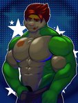 3:4 big_muscles big_pecs bottomwear brown_hair bulge chesnaught chest_tuft clothing generation_6_pokemon genitals green_body green_skin hair looking_at_viewer male marcelo_solava muscular nintendo pecs penis pokemon pokemon_(species) poking_out shield shorts solo star tattoo tongue tongue_out tuft undressing undressing_self
