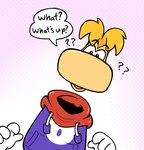 4_fingers big_nose black_eyebrows blonde_hair brown_eyes clothed clothed_humanoid clothing dialogue eyebrow_through_hair eyebrows fingers floating_hands floating_head hair hoodie light looking_at_viewer male male_humanoid pink_mouth purple_background purple_clothing purple_hoodie purple_topwear question_mark short_hair simple_background solo speech_bubble talking_to_viewer tan_body tan_skin text topwear translucent translucent_hair robotic_pastries rayman_(series) ubisoft rayman humanoid raypeople_(rayman) 2023 colored digital_drawing_(artwork) digital_media_(artwork) english_description english_text lighting