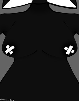 anthro breasts female nipple_tape nude pasties solo tape iamsomthing lizzie_(lewkandun) domestic_cat felid feline felis mammal monochrome
