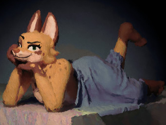 anthro bedding blanket butt closed_smile draped eyebrows female fur green_eyes looking_at_viewer markings mouth_closed raised_eyebrow raised_leg smile smug solo spots spotted_body spotted_fur bradleyisgone canid canine fox mammal 4:3 hi_res