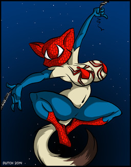 anthro big_breasts bottomwear breasts clothing cosplay female fur mask navel night pants sky solo spider_web star starry_sky tan_body tan_fur thick_thighs dutch_(artist) marvel spider-man_(series) spider-man_(character) domestic_cat felid feline felis mammal 2014 digital_media_(artwork)