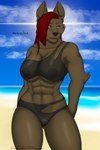 abs annoyed anthro areola beach big_breasts black_bikini_bottom black_bikini_top black_nipples black_nose breasts brown_body brown_fur camel_toe clothing cloud crossgender ear_piercing female fur gauged_ear grey_eyes hair hair_over_eye horizon long_hair monotone_body muscular muscular_anthro muscular_female nipples one_eye_obstructed outside patreon_logo piercing red_hair sand seaside sky solo summer sunny text thick_thighs translucent translucent_clothing wide_hips phrostbite patreon shay_winters canid canine canis mammal wolf 2022 absurd_res english_text hi_res watermark