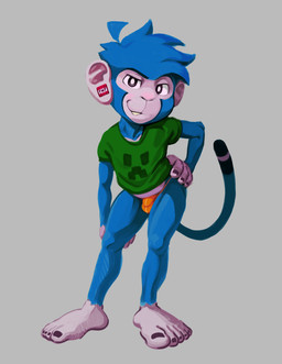 5_toes anthro big_ears big_feet blue_body blue_fur blue_hair bulge clothing creeper_face detailed_bulge ear_piercing feet fur grey_background hair hand_on_hip looking_at_viewer male piercing shirt simple_background smile smirk solo tail thong toes topwear underwear owy microsoft minecraft mojang xbox_game_studios ooky_(character) haplorhine mammal monkey primate hi_res
