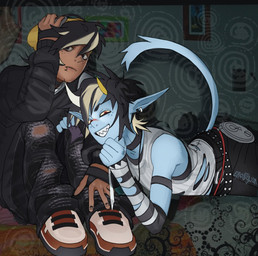 anthro beanie butt clothed clothing duo fingers gesture hair hat headgear headwear hoodie horn male male/male open_mouth tail topwear rottenrollz epic_games fortnite remi_(fortnite) sulk_(fortnite) demon mammal digital_drawing_(artwork) digital_media_(artwork) hi_res
