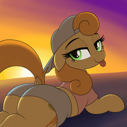 big_butt blep bottomwear butt clothed clothing eyelashes female feral green_eyes grey_clothing hair hat headgear headwear looking_at_viewer looking_back orange_hair pink_clothing pupils quadruped smile solo tail tongue tongue_out topwear yellow_body vomitvomiting friendship_is_magic hasbro my_little_pony carrot_top_(mlp) equid equine mammal 1:1 hi_res