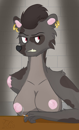 amputee annoyed anthro big_breasts breasts cigarette clothed clothing disability female interrogation multiple_piercings nipples piercing prison prisoner prostitution solo topless lexi_arts rimworld xra_(lexi_arts) gnoll hyena mammal