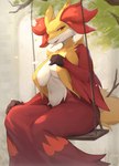 anthro big_breasts branch breast_curtains breasts female female_anthro fur looking_at_viewer navel outside plant red_body red_eyes red_fur sitting smile solo swing tree white_body white_fur yellow_body yellow_fur lcshian nintendo pokemon delphox generation_6_pokemon pokemon_(species) hi_res