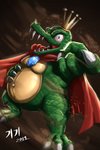 2019 3_toes 4_fingers absurd_res anthro belly big_belly biped bloodshot_eyes bottomless cape cape_only claws clothed clothing crocodile crocodilian crocodylid crown dated digital_media_(artwork) donkey_kong_(series) dutch_angle fangs featureless_crotch feet fingers front_view full-length_portrait gem green_body green_scales hand_on_belly headgear hi_res holding_belly king king_k._rool kremling looking_at_viewer lunesnowtail male mostly_nude musclegut muscular muscular_anthro muscular_male navel nintendo open_mouth open_smile outie_navel overweight overweight_anthro overweight_male pecs plantigrade portrait reptile royalty scales scalie sharp_teeth signature smile snout solo standing teeth toe_claws toes topless white_claws