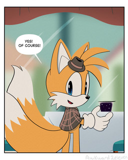 anthro chair clothing dessert dining_table food furniture gelatin hat headgear headwear male standing tail awkward2eleven sega sonic_the_hedgehog_(series) the_murder_of_sonic_the_hedgehog miles_prower canid canine fox mammal 4:5 absurd_res comic hi_res