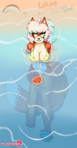 anthro beach belly_tattoo big_breasts big_tail blue_pawpads breasts clothing female fur hair highlights_(coloring) lying on_back orange_body orange_fur pawpads sand sea simple_background solo swimwear tail tattoo thick_thighs water wave white_hair yellow_eyes walrusdin3 fan_character hybrid absurd_res hi_res