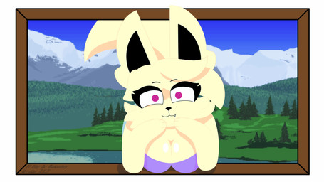 anthro blue_bottomwear blue_clothing blue_sky bottomwear breasts butt cleavage clothed clothing detailed_background eyelashes female fur grass heart_symbol i_love_you leaning leaning_forward looking_at_viewer mountain outside picture_frame plant purple_clothing purple_eyes purple_topwear shaking_butt sky solo tail tail_motion tailwag talking_to_viewer topwear tree water yellow_body yellow_fur castigo canid mammal 16:9 2021 animated hi_res widescreen