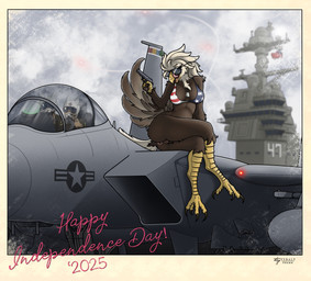 aircraft aircraft_carrier anthro anus beak bedroom_eyes bikini clothing dog_tags eyewear feet female genitals gun holidays licking licking_lips narrowed_eyes outside photo ranged_weapon scales seductive ship solo sunglasses swimwear talons toes tongue tongue_out two-piece_swimsuit united_states_of_america vehicle vulva warship watercraft weapon wings tybalt_draws 4th_of_july f-15_eagle accipitrid accipitriform avian bird eagle felid feline mammal absurd_res hi_res