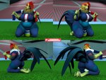 anthro avian_feet ball beak belly big_belly big_breasts big_butt blue_body bodypaint breasts brown_eyes butt clothed clothing digitigrade feathered_tail feathers feet female french_flag kneeling looking_at_viewer midriff orange_body red_body slightly_chubby slightly_chubby_female soccer_ball soccer_field soccer_uniform solo sportswear stadium tail talons thick_thighs toes uniform white_sclera wide_hips yellow_body bambookat paris_saint-germain_f.c. marguerite_(anthrofigurines) avian bird chicken galliform gallus_(genus) phasianid 3d_(artwork) 4:3 absurd_res digital_media_(artwork) hi_res