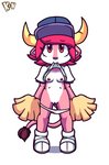 anthro breasts clothed clothing clothing_lift female fur genitals hair headgear horn mascot nipples panties panties_down partially_clothed pink_body pink_fur pink_hair presenting pussy shirt shirt_lift small_breasts solo topwear underwear underwear_down young kcn nippon_professional_baseball orix_buffaloes buffalo_bell bovid bovine mammal