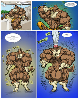 anthro balls big_muscles dialogue genitals growth huge_muscles hyper hyper_muscles male muscular penis solo setrak senryo 4:5 absurd_res comic hi_res