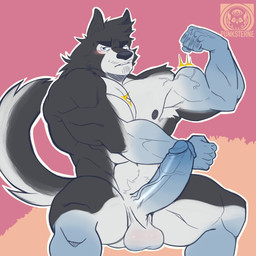 abs anthro armpit_hair balls barazoku biceps big_muscles big_penis blush body_hair emanata erection facial_hair flexing fur genitals humanoid_genitalia humanoid_penis long_penis looking_at_viewer male muscular muscular_anthro muscular_male narrowed_eyes nipples nude nude_anthro nude_male pecs penis pink_background simple_background sitting solo triceps tuft vein veiny_muscles veiny_penis vier_punksterne canid canine canis mammal wolf 2021 character_request hi_res watermark