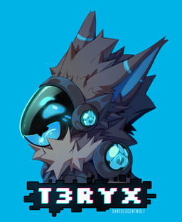 anthro blue_ears blue_eyes blue_face blue_rings blue_visor fur grey_body grey_fur heart_symbol machine solo dancrescentwolf t3ryx protogen absurd_res hi_res