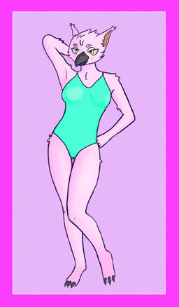 anthro beak border breasts chest_tuft claws clothed clothing feet female front_view nude_anthro one-piece_swimsuit pink_body pink_border small_waist solo standing swimwear thigh_gap tuft yellow_eyes basaltara kayleigh_(basaltara) avian felid feline hybrid mammal