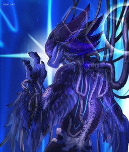 3_fingers 4_ears anthro blue_body blue_eyes countershade_face countershading cybernetic_spine cybernetics cyberware feathers fingers headset_microphone hose looking_at_viewer looking_back looking_back_at_viewer machine male multi_ear nude rear_view simple_background solo winged_arms wings wire wiring ridiy avali absurd_res digital_media_(artwork) half-length_portrait hi_res portrait