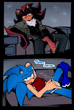 5_fingers andromorph anthro aroused aroused_by_another aroused_face balls beckoning being_watched black_body black_fur black_nose blue_body blue_fur blush blush_lines bodily_fluids bottomwear bottomwear_down chest_tuft clitoral clitoral_masturbation clothed clothing dialogue dripping erection fingers fur furniture genital_fluids genitals gesture green_eyes hand_in_underwear hand_on_penis intersex intersex/male knot knotted_penis leaking_precum looking_at_another male masturbation multicolored_body multicolored_fur nude_anthro nude_intersex nude_male on_sofa open_clothing open_shirt open_topwear pants partially_clothed penis precum precum_drip presenting presenting_penis red_body red_eyes red_fur shirt shlick shorts shorts_down sitting sitting_on_sofa sofa speech_bubble sweat teasing text throbbing throbbing_penis topwear tuft underwear vein veiny_penis shaddycatz sega sonic_the_hedgehog_(series) shadow_the_hedgehog sonic_the_hedgehog eulipotyphlan hedgehog mammal comic digital_drawing_(artwork) digital_media_(artwork) english_text hi_res