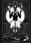 anthro big_ears black_body bottomwear card card_template clothed clothing collar dreadlocks egyptian eye_markings feathers fortune_telling heart_(organ) loincloth major_arcana male markings neckwear organs solo tail tail_tuft tarot tarot_card temperance_(tarot) tuft weighing_scale canis_infernalis shado_(shadoclawx) anubian_jackal canid canine canis jackal mammal greyscale hi_res monochrome