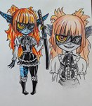 blue_markings clothing eye_patch eyewear female footwear grey_body grey_skin hair knee_highs knee_socks legwear long_hair maid_uniform markings melee_weapon not_furry pointy_ears red_eyes short_stack socks solo sword uniform weapon yellow_sclera triple-t dropkick_on_my_devil! nintendo the_legend_of_zelda twilight_princess midna humanoid twili crossover traditional_media_(artwork)