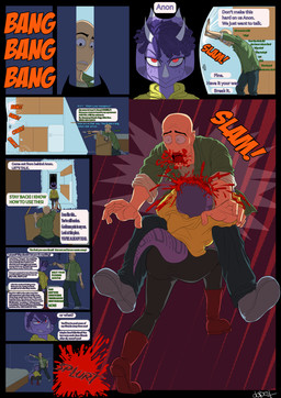 angry anthro appliance attack bald big_breasts black_bottomwear black_clothing black_pants blood blood_splatter bodily_fluids boots bottomwear breasts broken_door clothed clothed_anthro clothed_female clothing crouching dialogue door doorway duo facial_horn female footwear fridge furgonomics furniture gore green_clothing green_jacket green_shirt green_topwear grey_bottomwear grey_clothing grey_pants hair headbutt holding_knife holding_object hoodie horn inside jacket kitchen kitchen_appliance knife male motion_lines non-mammal_breasts onomatopoeia open_clothing open_jacket open_mouth open_topwear pants purple_body purple_hair red_boots red_clothing red_eyes red_footwear scared shirt shoes short_hair smile smirk smug sound_effects table talking_to_another text threatening topwear wide_eyed yelling yellow_clothing yellow_hoodie yellow_topwear dopeyarts cavemanon_studios goodbye_volcano_high ko_op_(game_developer) snoot_game anon_(snoot_game) trish_(gvh) ceratopsian ceratopsid chasmosaurine dinosaur human mammal marginocephalian ornithischian prehistoric_species reptile scalie triceratops absurd_res artist_name colored comic english_text hi_res