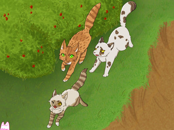 ambiguous_gender berry berry_shrub dirt excited fangs female feral food fruit fur grass green_eyes group happy logo looking_at_another male markings open_mouth orange_body orange_fur outside plant running spots spotted_body spotted_fur striped_markings striped_tail stripes tail tail_markings teeth text trio white_paws yellow_eyes whitefroggim pixel_cat's_end domestic_cat felid feline felis mammal 4:3 artist_logo artist_name hi_res