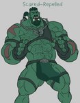 barazoku body_hair bottomwear clothing green_body green_skin loincloth male muscular not_furry orcus_challenge shoulder_hair simple_background solo teeth text white_background rickleone humanoid orc himbo english_text hi_res portrait three-quarter_portrait