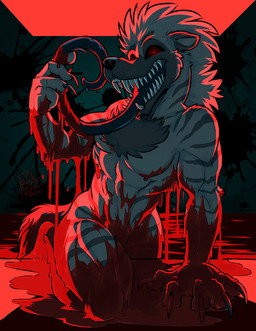 abs anthro black_sclera blood bodily_fluids claws fangs fur grey_body grey_fur horror_(theme) kneeling long_tongue looking_at_viewer male muscular muscular_anthro muscular_arms muscular_male muscular_thighs nude pupils red_pupils solo teeth tongue tongue_out rick_griffin dogmen arthur_(dogmen) hyena mammal 2025 hi_res