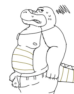 anthro balls bottomwear clothing flaccid genitals male moobs nipples pants penis slightly_chubby small_penis solo avafterwhatever brok_the_investigator cowcat_games brok_(brok_the_investigator) alligator alligatorid crocodilian reptile scalie 2026